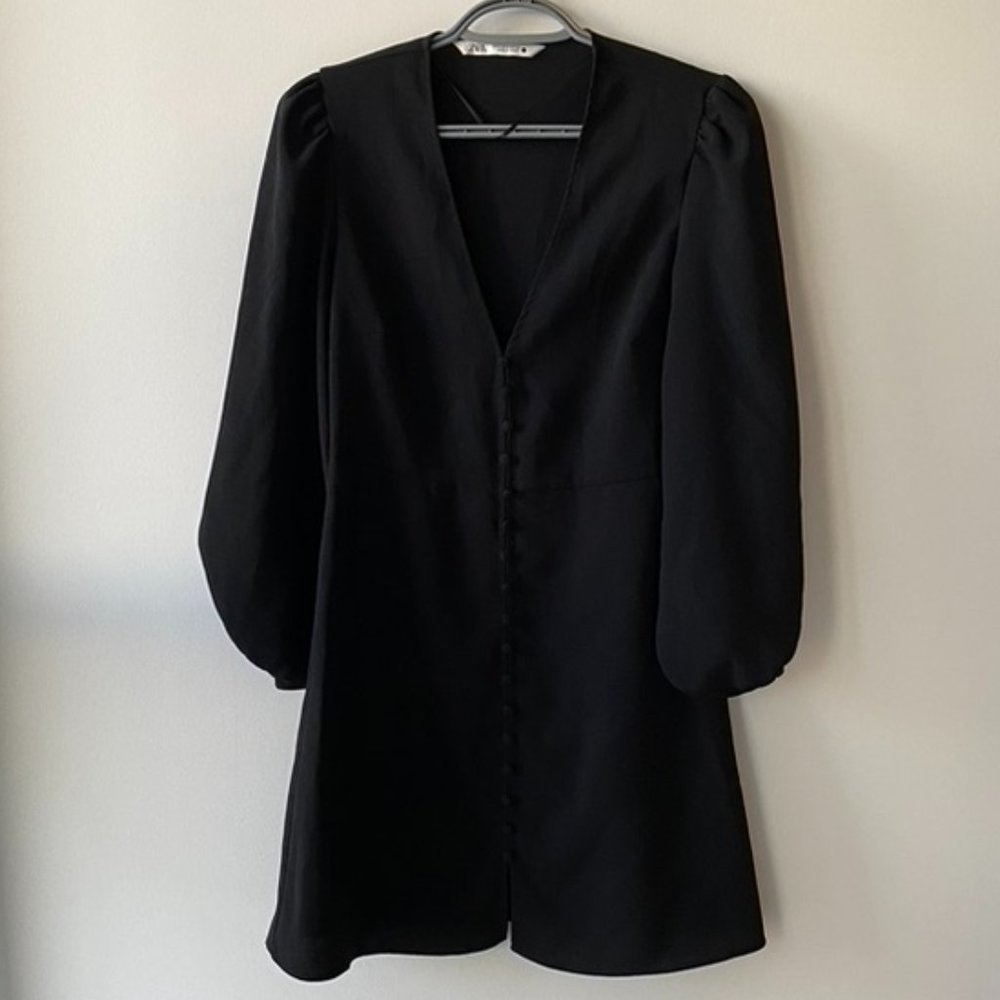 Zara Buttoned V Neck Balloon Sleeve Dress